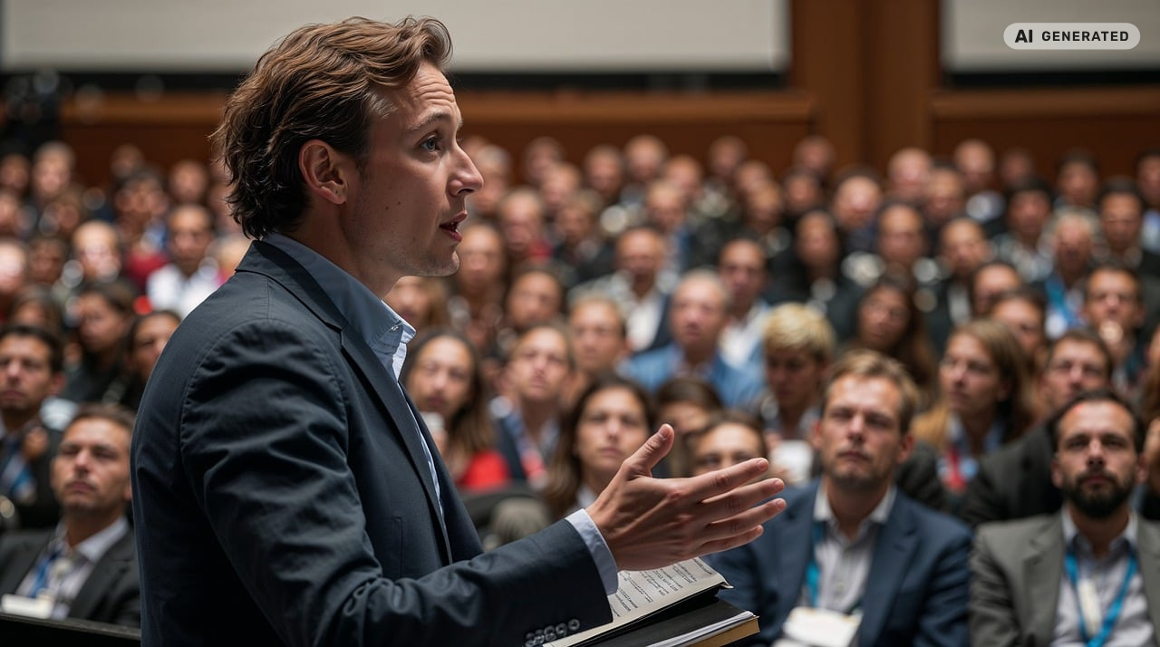 Person hält einen Vortrag vor großem Publikum – Symbol für Wissensaustausch, Bildung für alle und die Förderung von Lernkultur und Weiterbildung.
