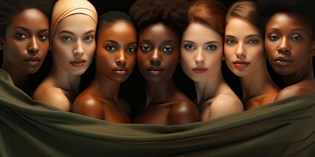 Mehrere Personen mit unterschiedlicher Hautfarbe und verschiedenen Frisuren stehen eng beieinander vor einem dunklen Hintergrund. Sie tragen keine sichtbare Kleidung und blicken in die Kamera.