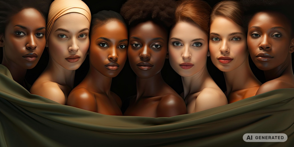 Mehrere Frauen mit unterschiedlicher Hautfarbe und verschiedenen Frisuren stehen eng beieinander vor einem dunklen Hintergrund. Sie tragen keine sichtbare Kleidung und blicken in die Kamera.