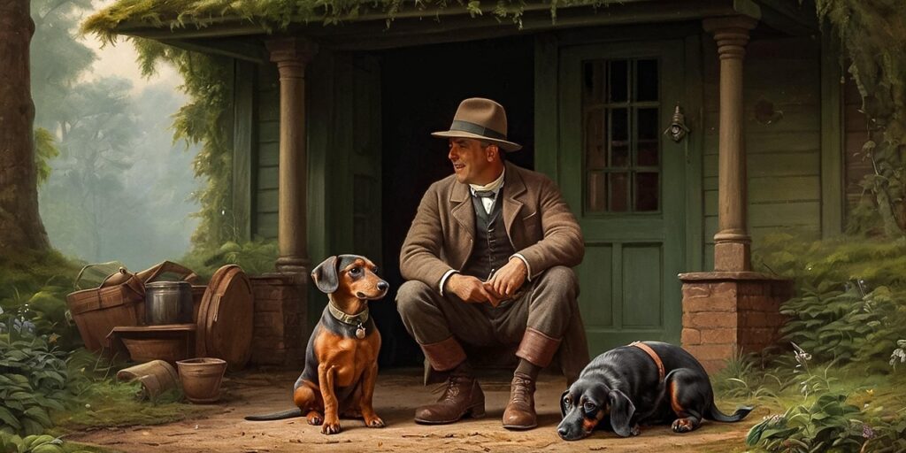 Ein Mann sitzt mit zwei Hunden vor einem Haus – ein ruhiger Moment, der die Beziehung zwischen Mensch, Tierwelt und ihrem Lebensraum im Sinne von SDG 15 widerspiegelt.