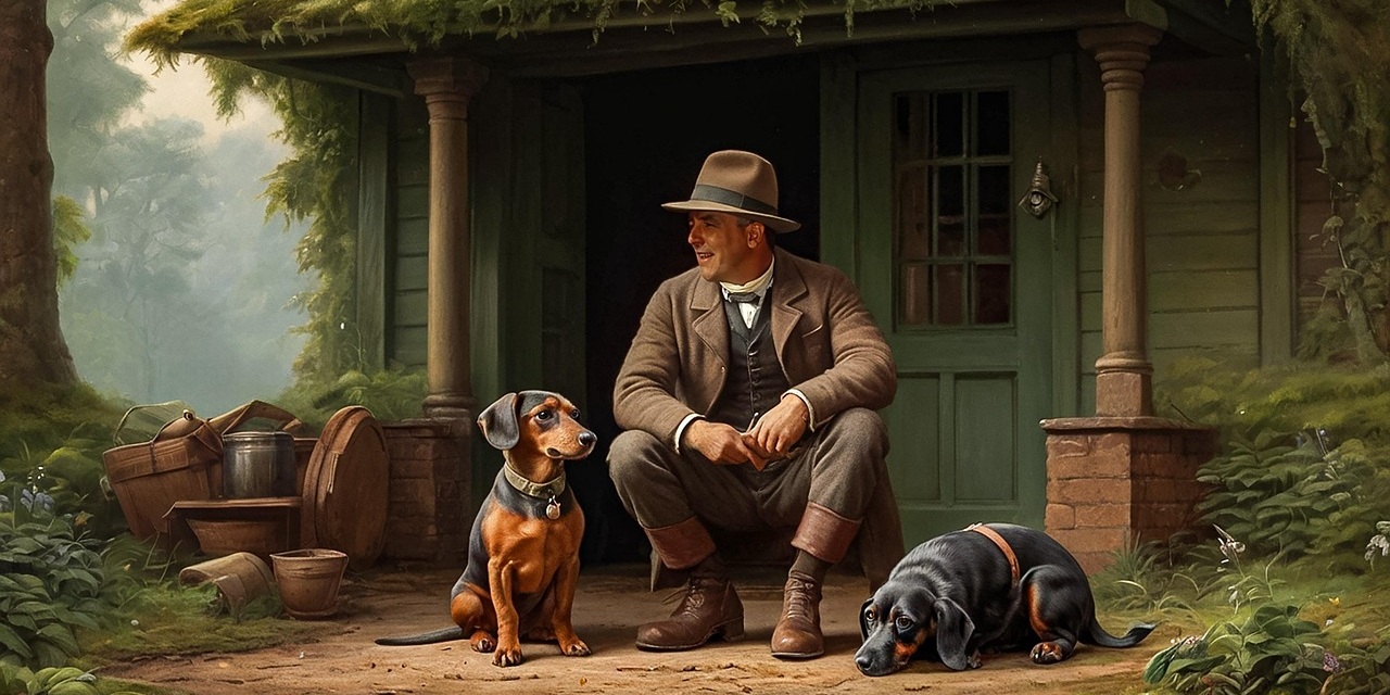 Ein Mann sitzt mit zwei Hunden vor einem Haus – ein ruhiger Moment, der die Beziehung zwischen Mensch, Tierwelt und ihrem Lebensraum im Sinne von SDG 15 widerspiegelt.