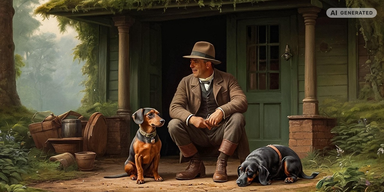 Ein Mann sitzt mit zwei Hunden vor einem Haus – ein ruhiger Moment, der die Beziehung zwischen Mensch, Tierwelt und ihrem Lebensraum im Sinne von SDG 15 widerspiegelt.