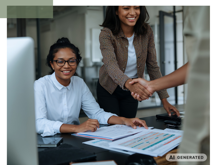 Zwei Frauen in einem Büro, eine sitzt an einem Schreibtisch mit geöffneten Unterlagen, die andere steht und reicht die Hand zum Händedruck mit einer anderen Person.