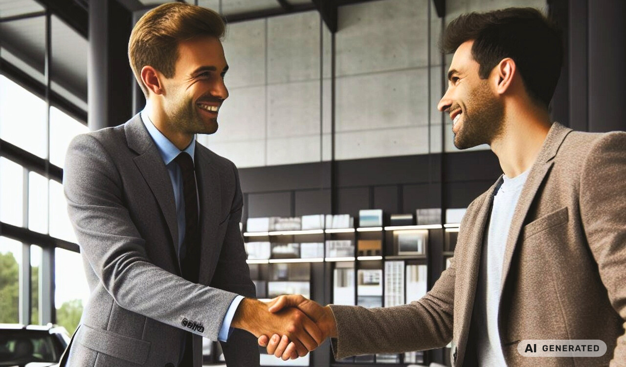 Zwei Männer in Businesskleidung geben sich in einem modernen Bürogebäude die Hand.