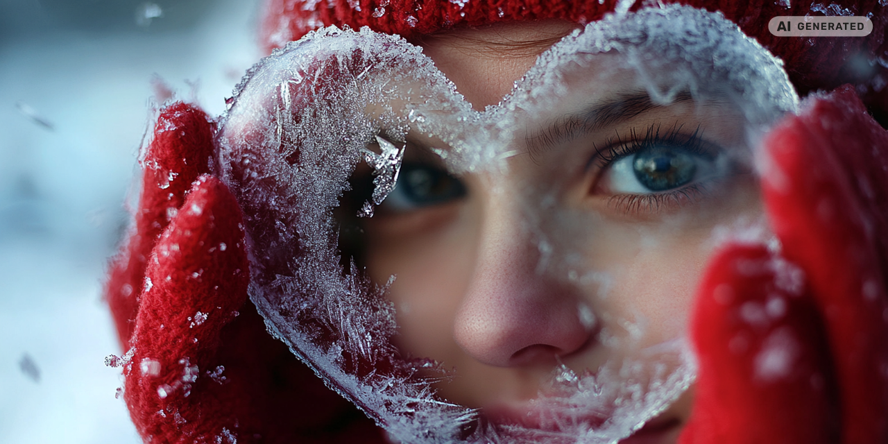 Nahaufnahme eines Gesichts hinter einem herzförmigen, mit Frost bedeckten Fenster, eine Person trägt rote Handschuhe und eine rote Mütze