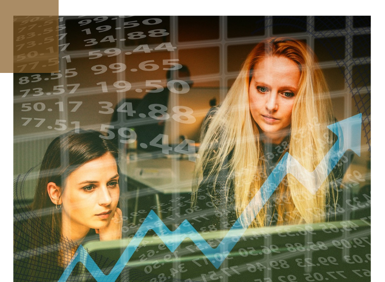 Two people are sitting in front of a computer screen. Above them, numbers and an ascending blue arrow are displayed, reminiscent of financial data or stock prices.