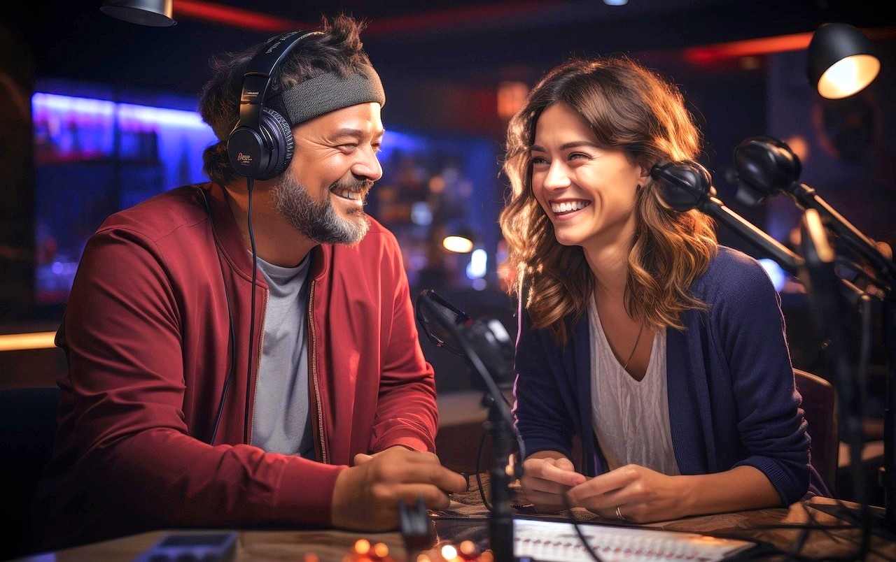 Two people wearing headphones sit at a table with microphones and audio equipment in a studio.