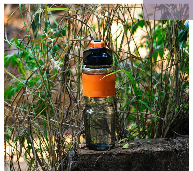 Reusable water bottle with orange handle standing among plants outdoors – a sign of sustainable consumption and the avoidance of single-use plastics.