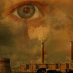 Symbolic image of an industrial plant with heavily smoking chimneys; above it is the transparent face of a person with tears – a representation of environmental pollution caused by unsustainable production.