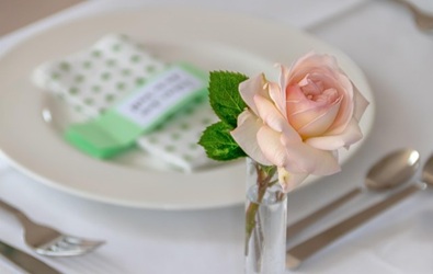 Single pink rose with green leaves in a small clear vase on a white tablecloth near a white plate with a folded napkin.