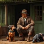 A man sits with two dogs outside a house – reflecting the relationship between people, wildlife, and their habitats in line with SDG 15.