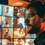 Person wearing headphones in front of multiple screens showing various people in video calls.