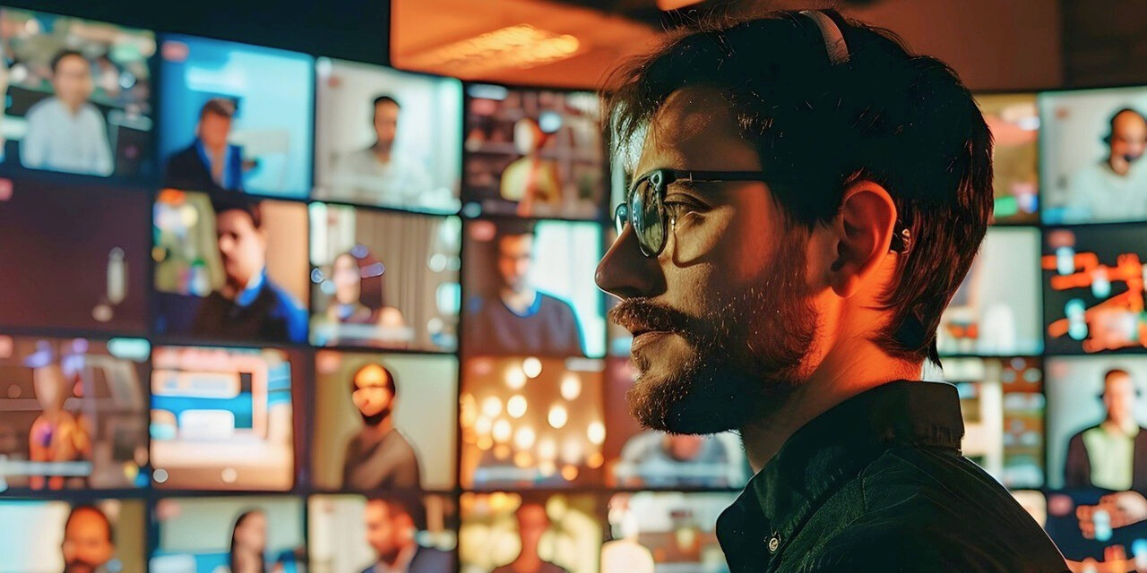 Person wearing headphones in front of multiple screens showing various people in video calls.