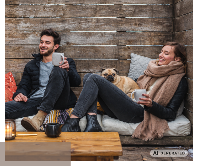Man and woman sitting on cushions against a wooden fence with a pug between them holding mugs and wearing winter clothing