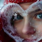 Close-up of a person holding a heart-shaped frame of frost in front of their face, wearing red gloves and a red knit hat, with blue eyes visible through the frosty heart shape in winter.